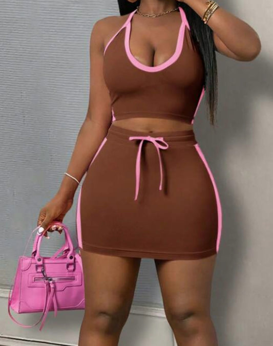 Brown & Pink Skirt Set